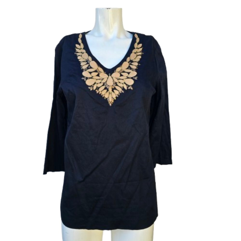 Jaclyn Smith Boho Embroidered Black Top Sz S